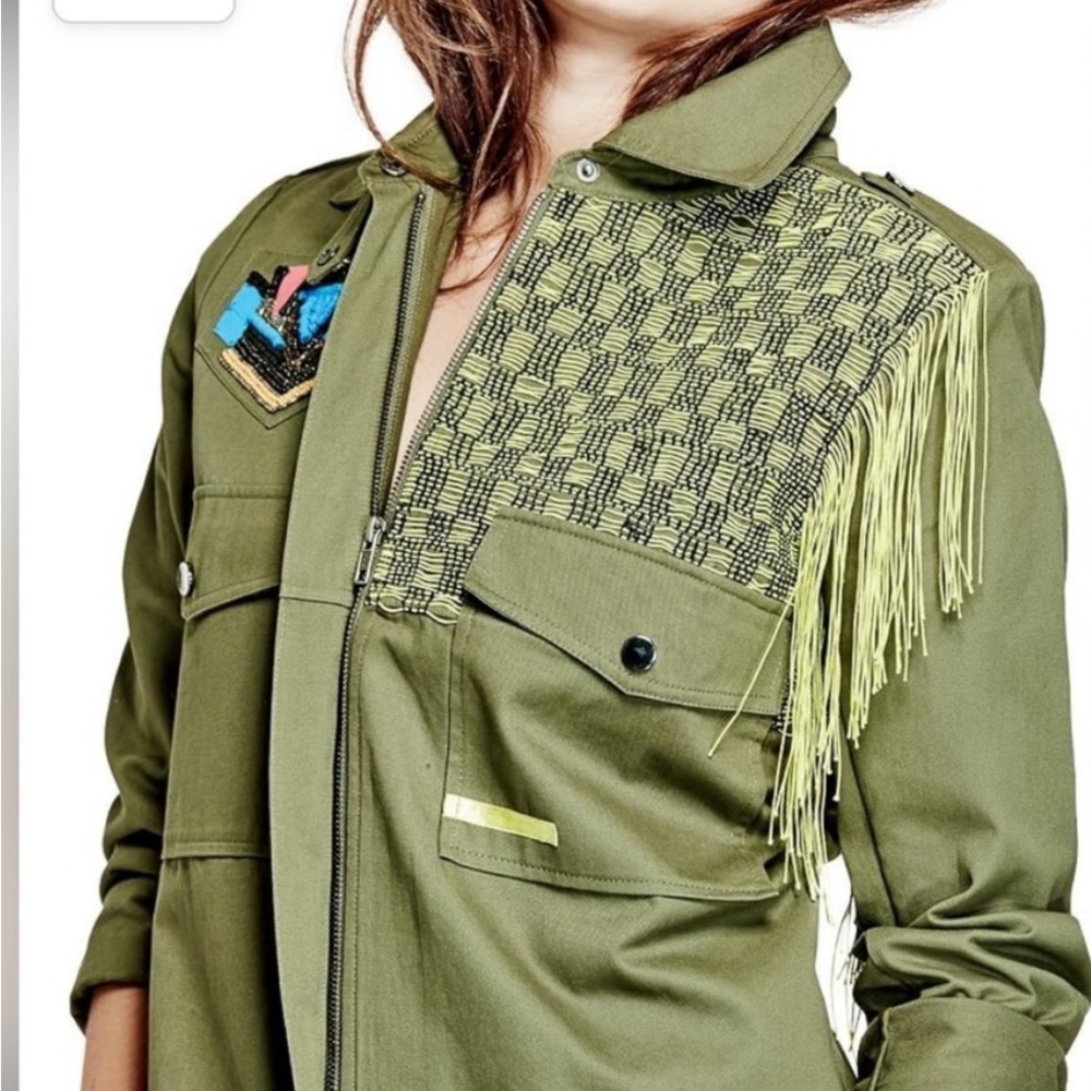 Guess Olive Utility Jacket with Fringe and Embroidery